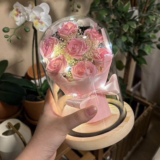 7 Preserved Roses with Glass Cover LED Lighting