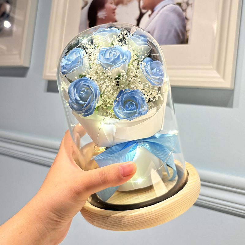 7 Preserved Roses with Glass Cover LED Lighting