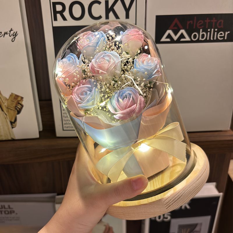 7 Preserved Roses with Glass Cover LED Lighting