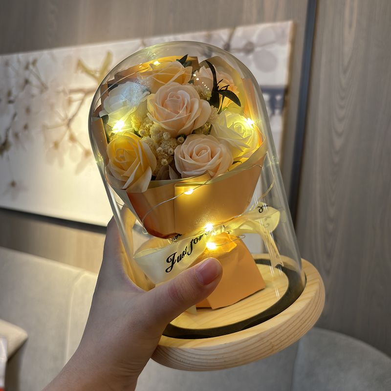 7 Preserved Roses with Glass Cover LED Lighting