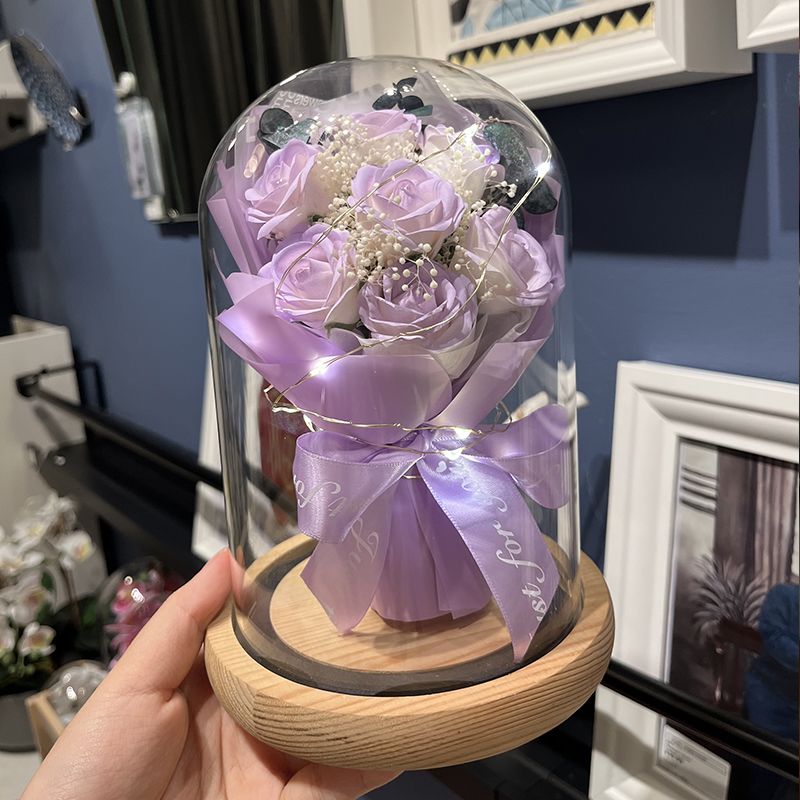 7 Preserved Roses with Glass Cover LED Lighting