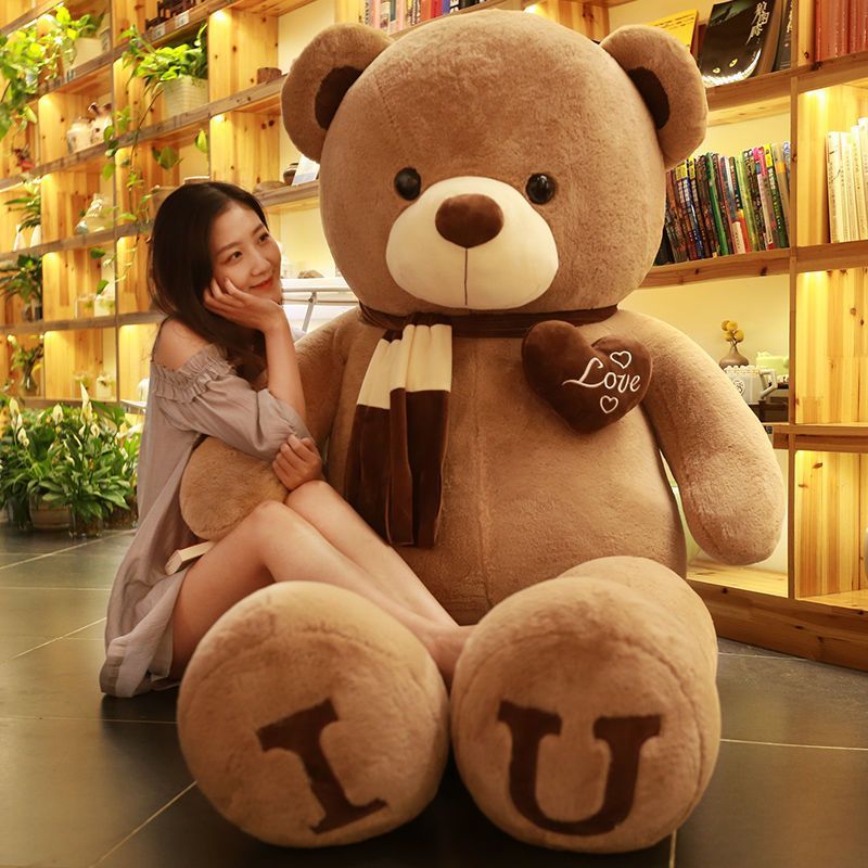 Brown Love Bear giant brown teddy bear with striped scarf and Love heart