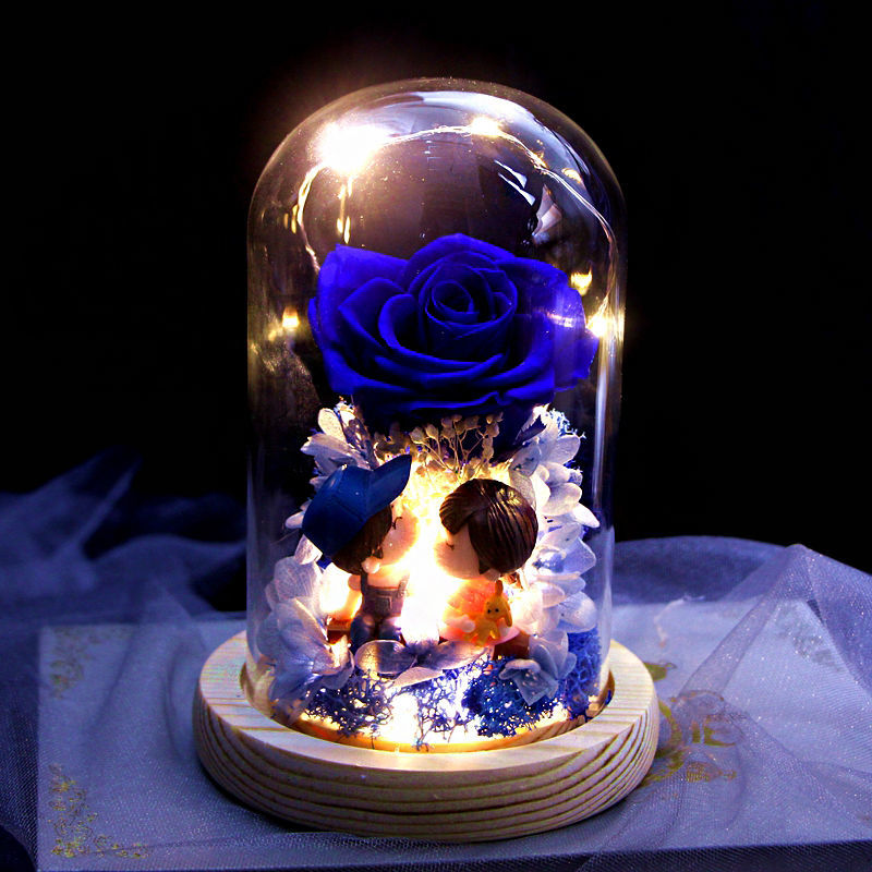 Blue Eternal Rose Glass Dome with lighted LED blue rose and miniature boy and girl figurines