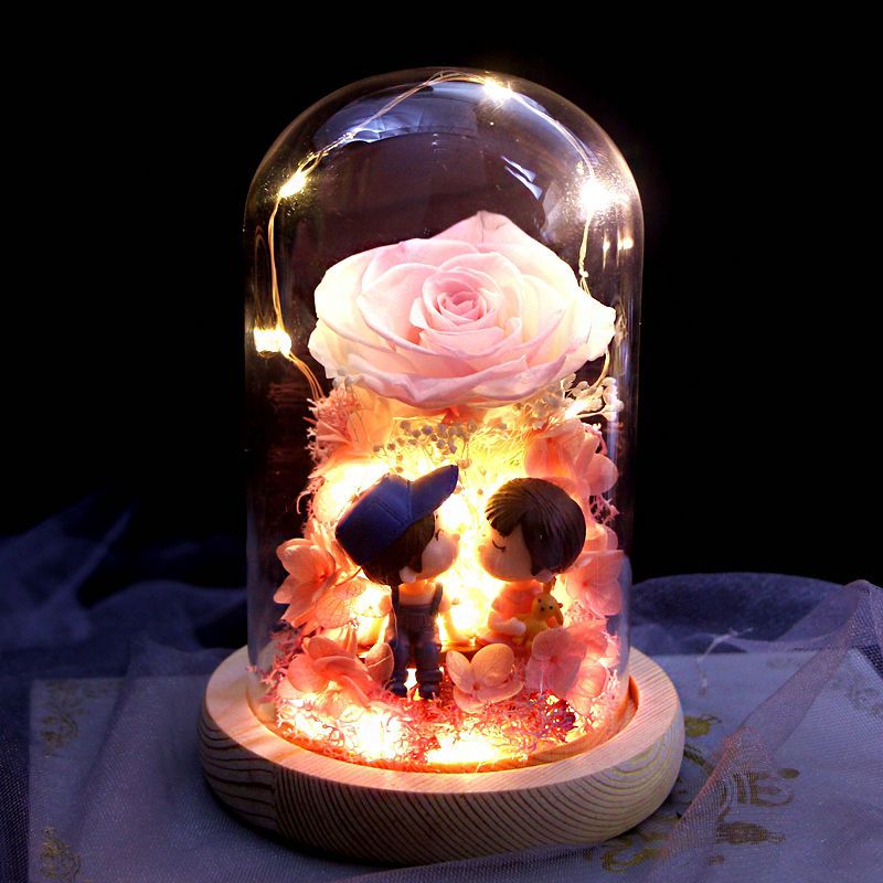 Pink Eternal Rose Glass Dome with lighted LED pink rose and miniature boy and girl figurines