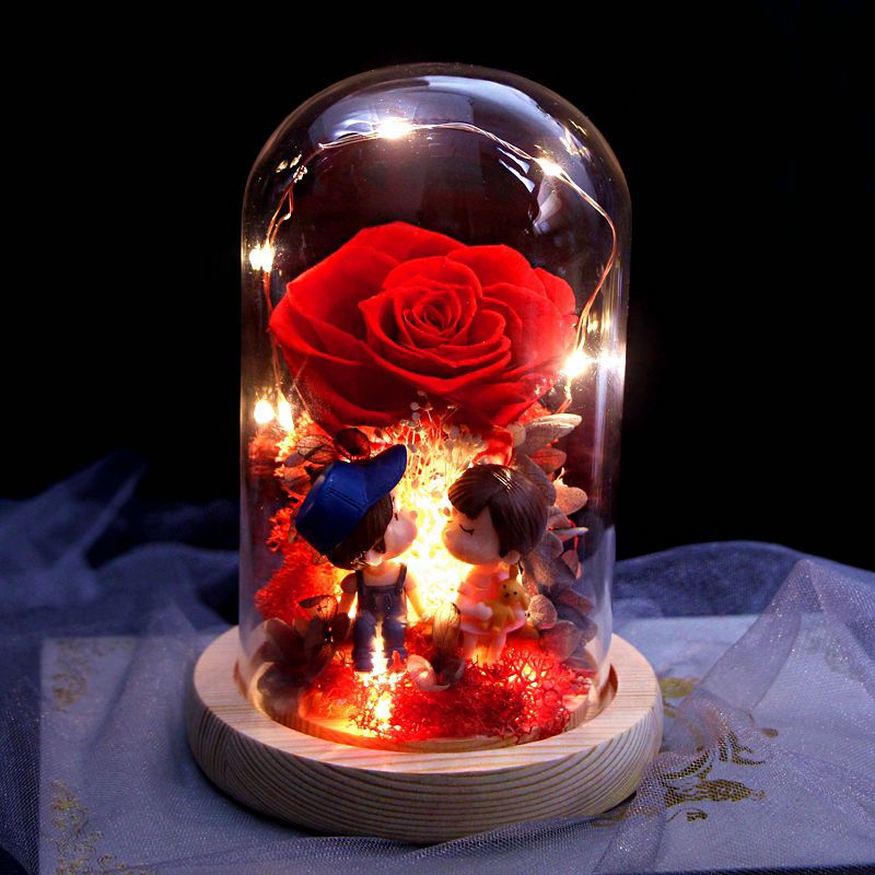Eternal Rose Glass Dome with lighted LED red rose and miniature figurines