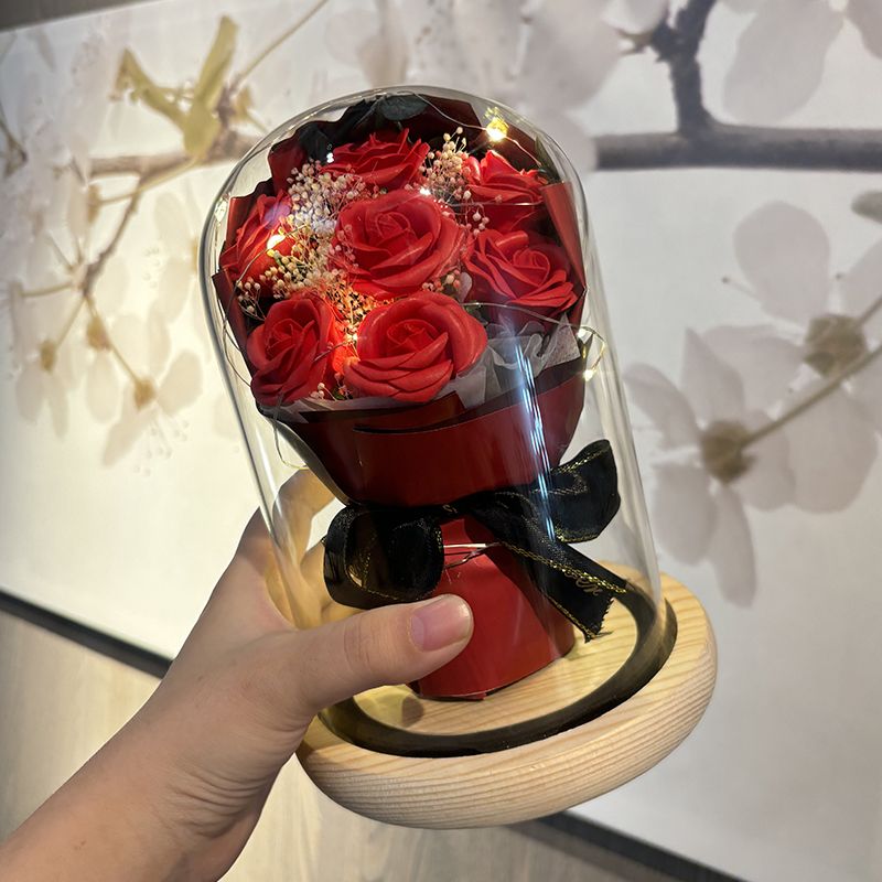 7-Piece Eternal Rose Bouquet Glass Dome with red roses and black ribbon