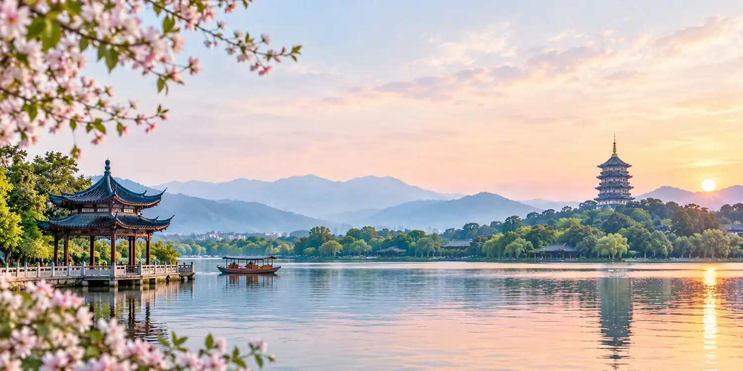 Scenic Hangzhou landscape with mountains, trees and traditional Chinese architecture